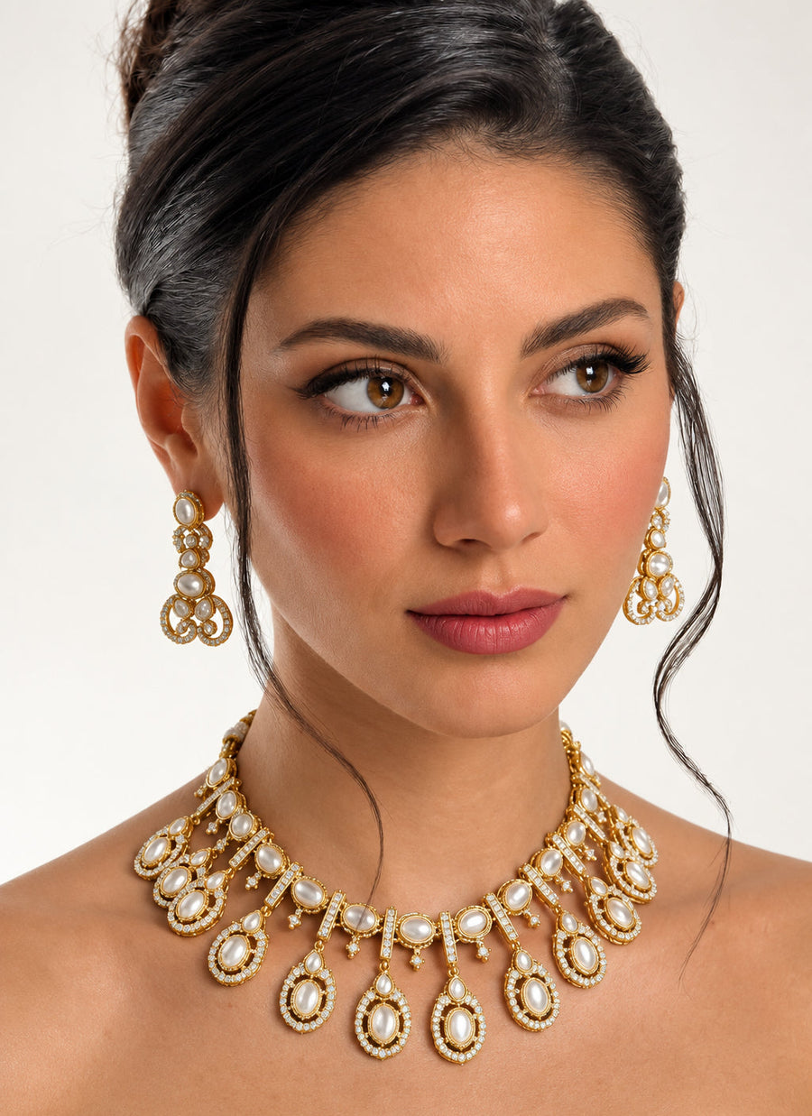 white Color Stones work long necklace set