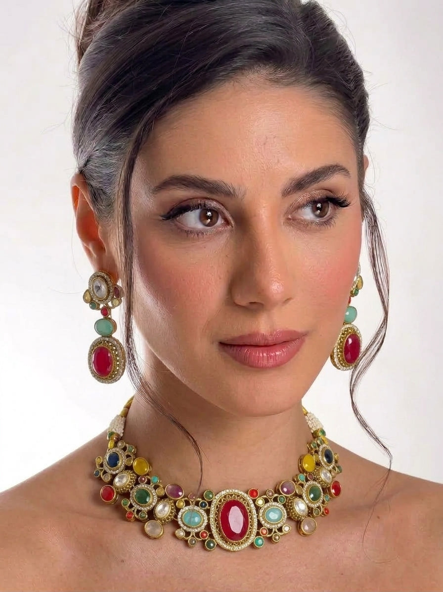 Beautiful Multi Color Stones work long necklace set
