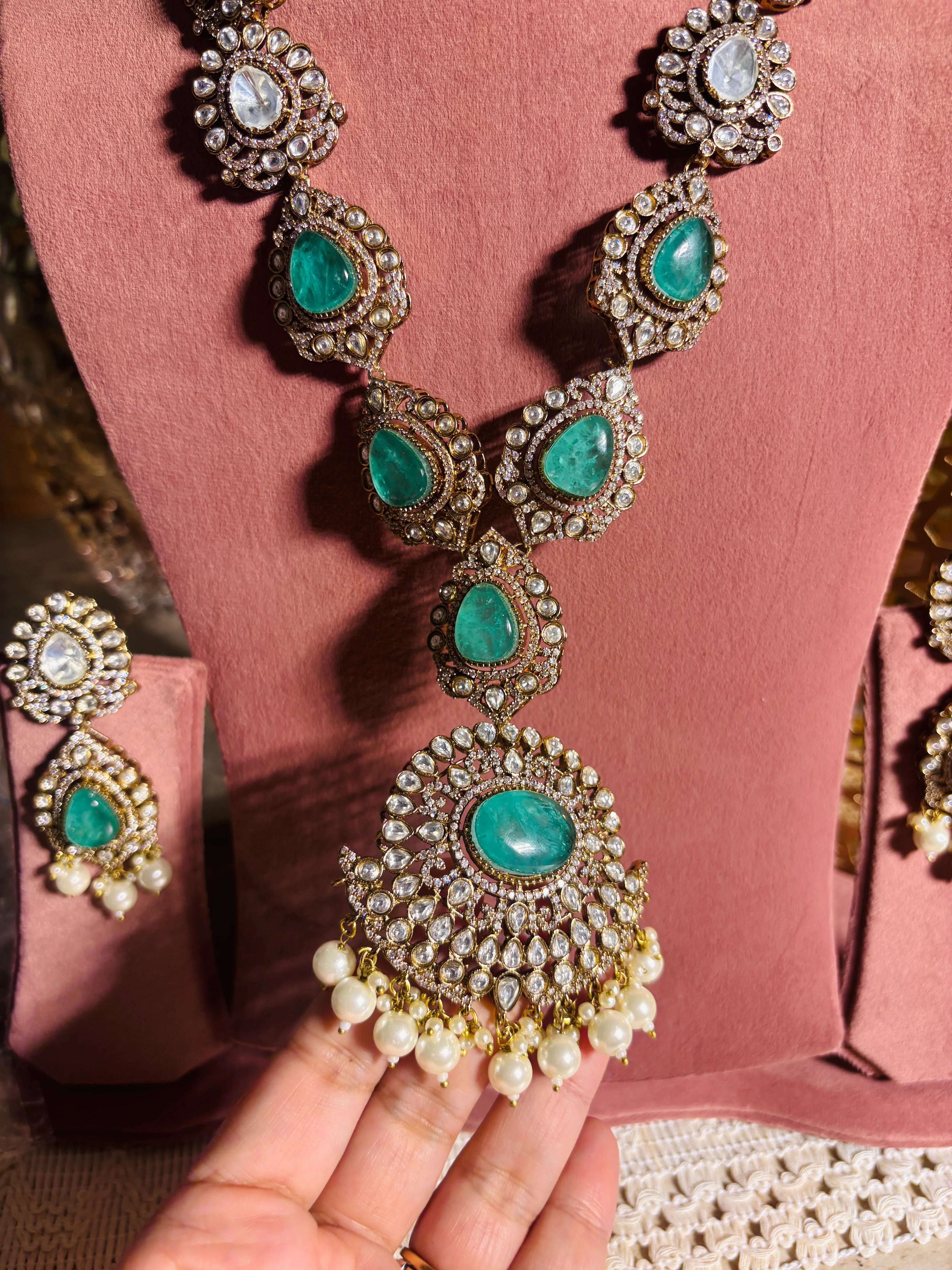 Aqua green stone long Necklace Set