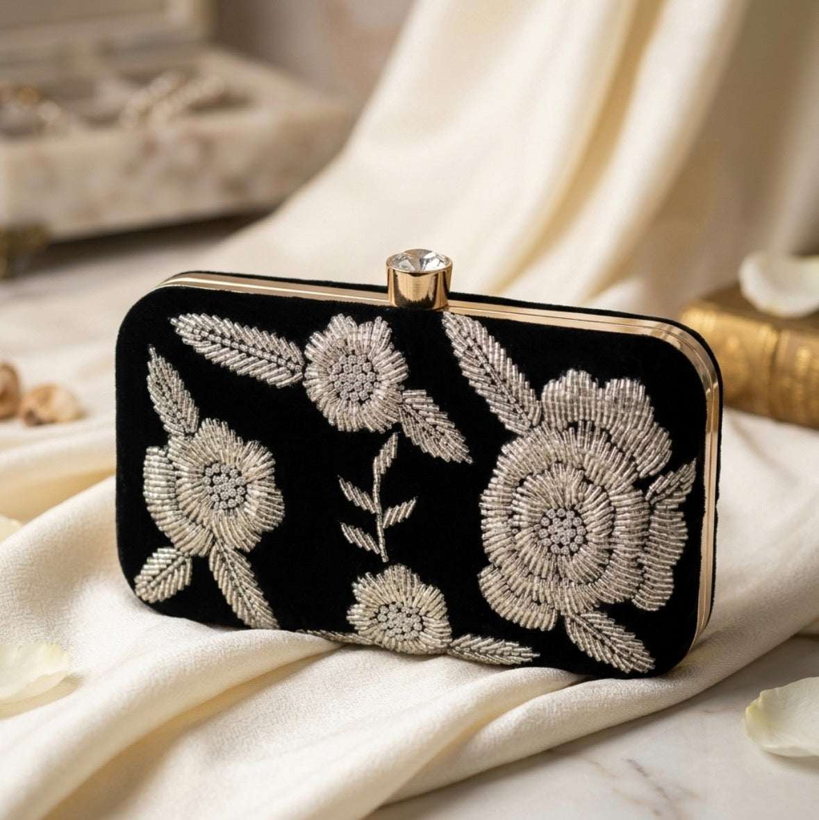 Black velvet clutch with embroidery