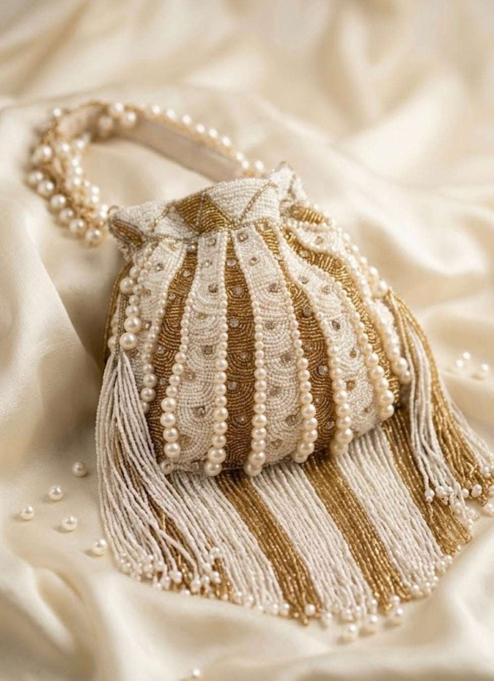 Hand Embroidered white & gold Potli bag