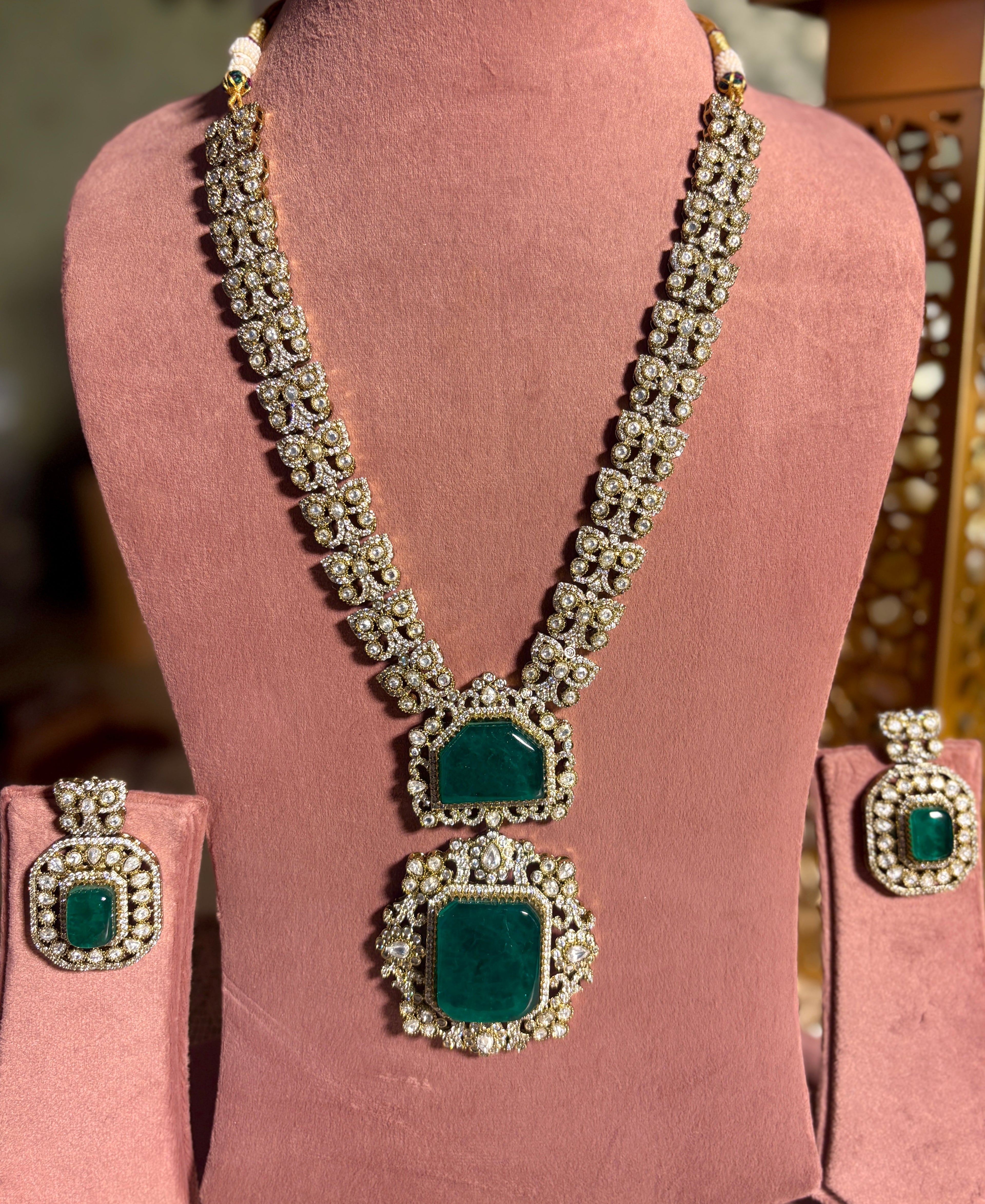 Green stone long Necklace Set