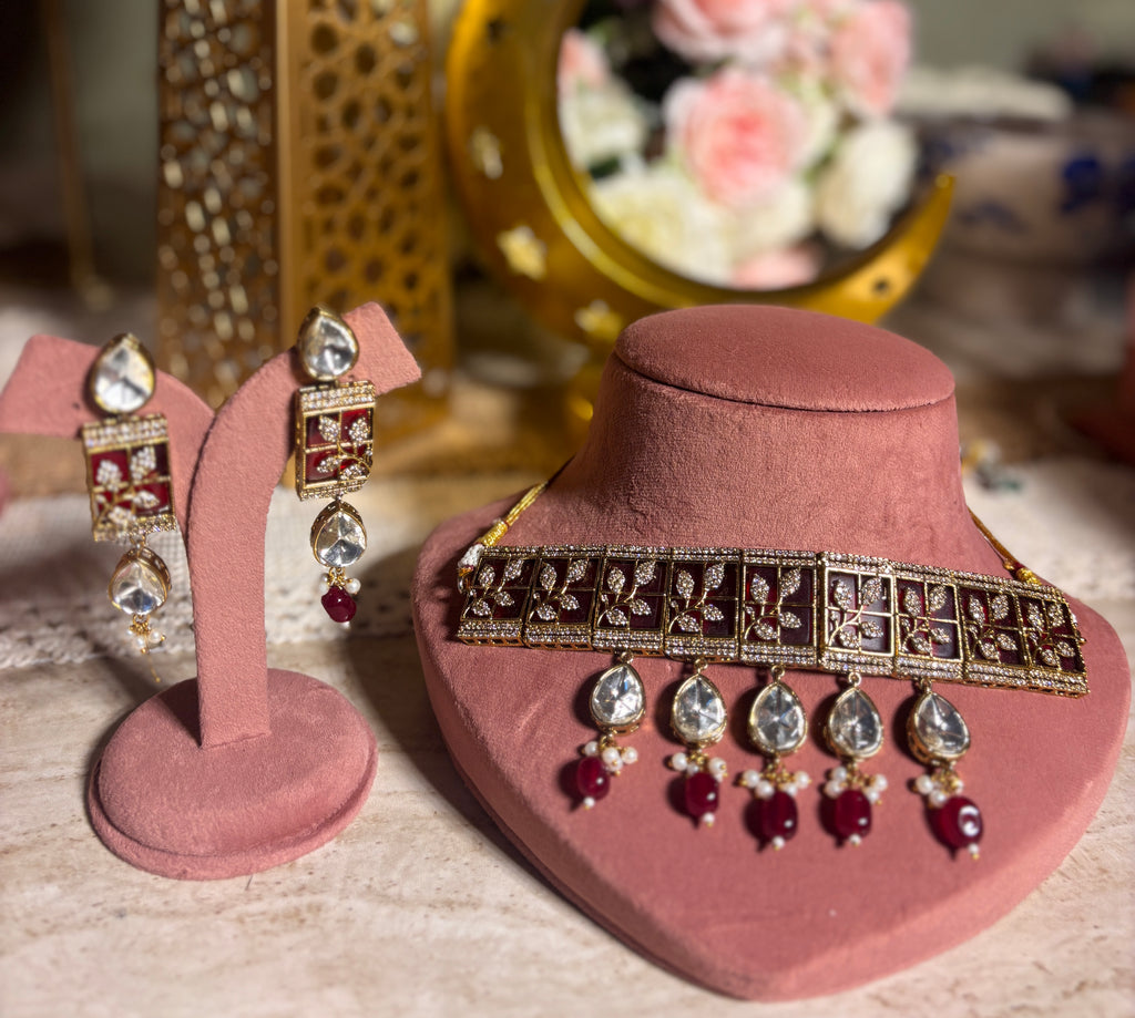 Kundan style deep red Necklace Set