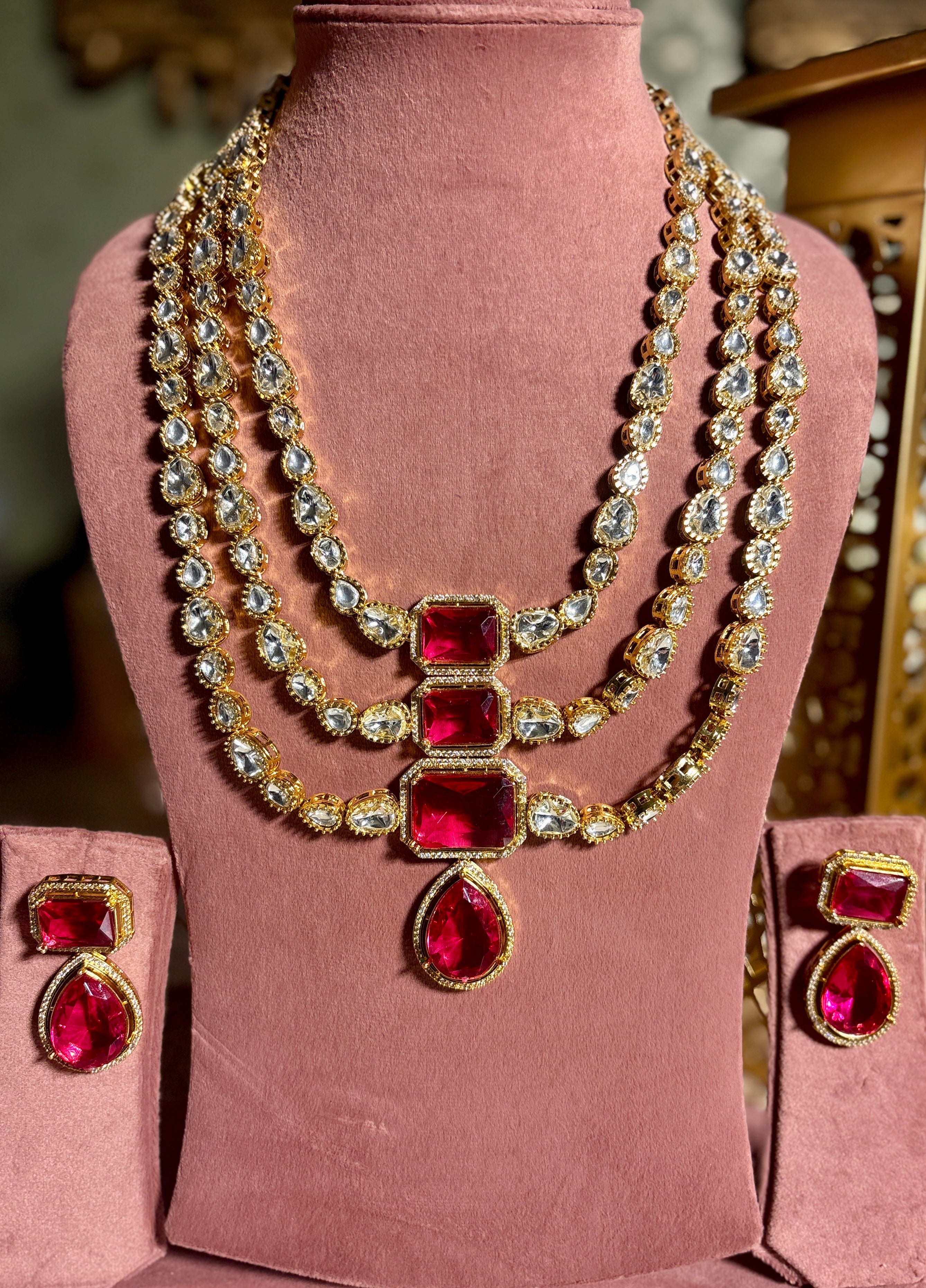 Triple layer ruby long Necklace Set