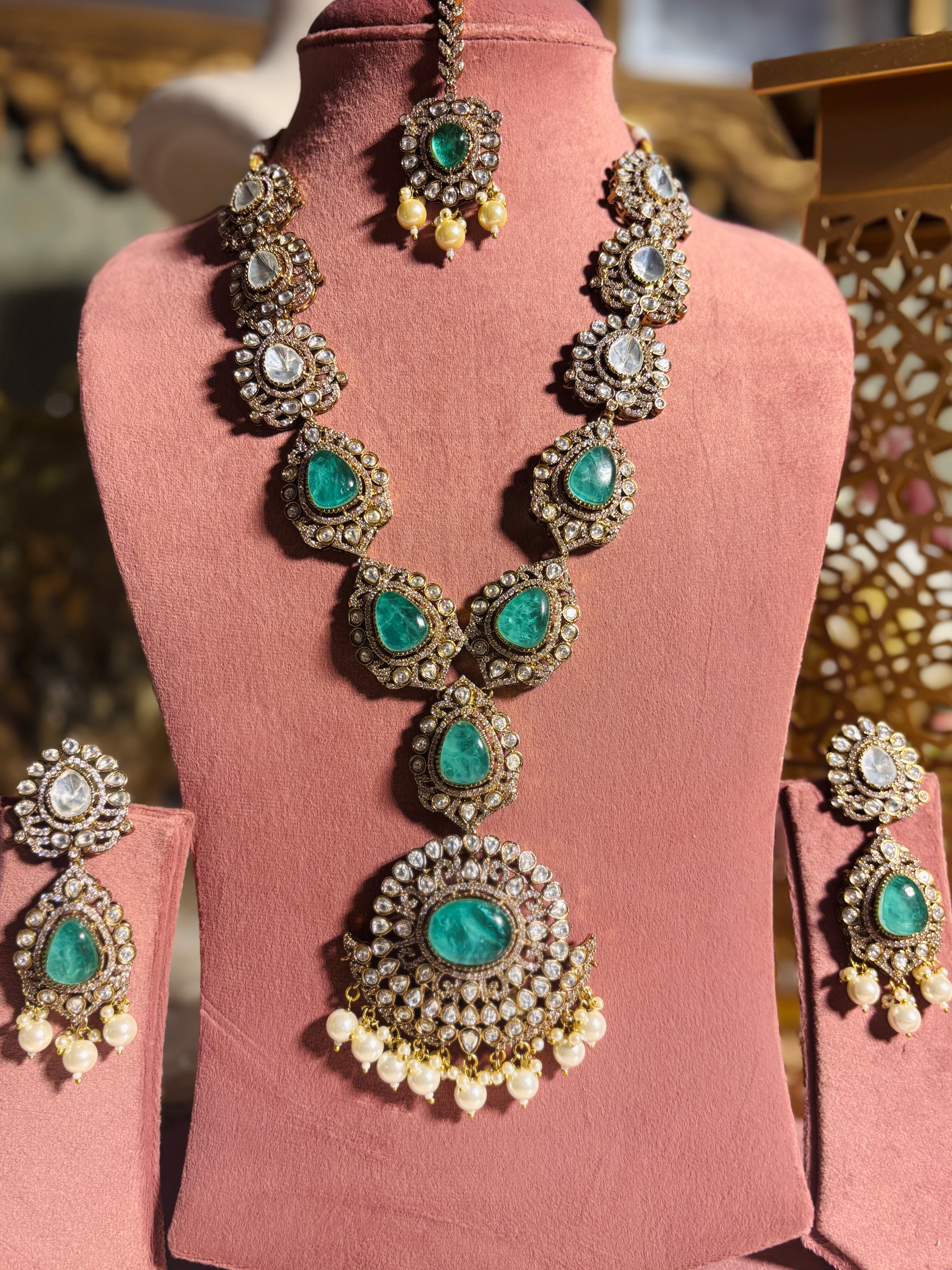 Aqua green stone long Necklace Set