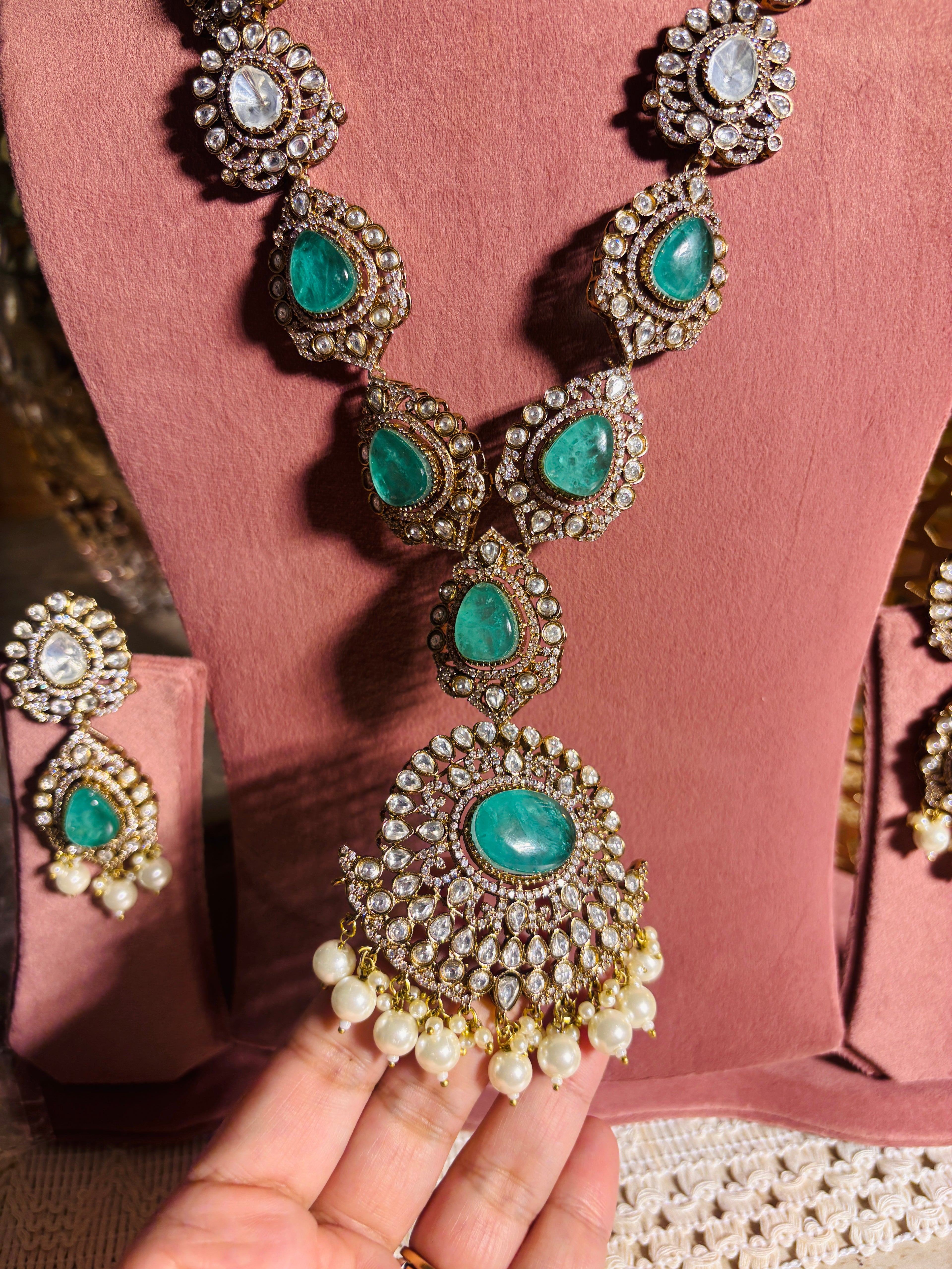 Aqua green stone long Necklace Set