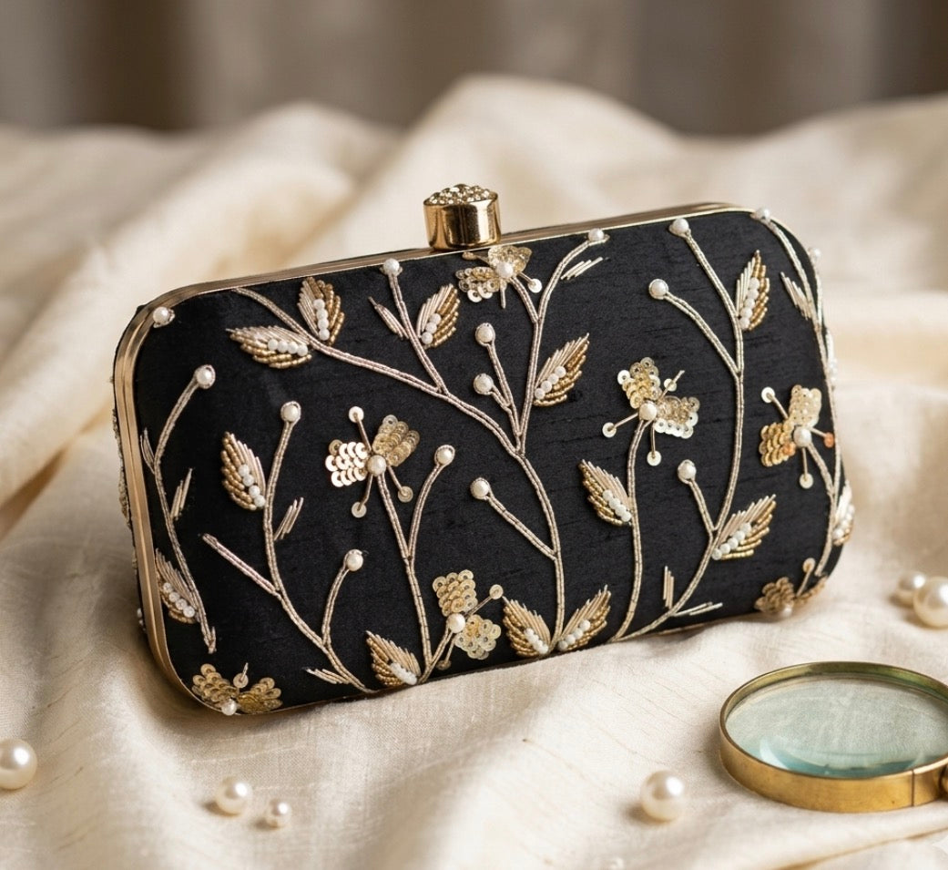 Black Hand Embroidered Work clutch bag