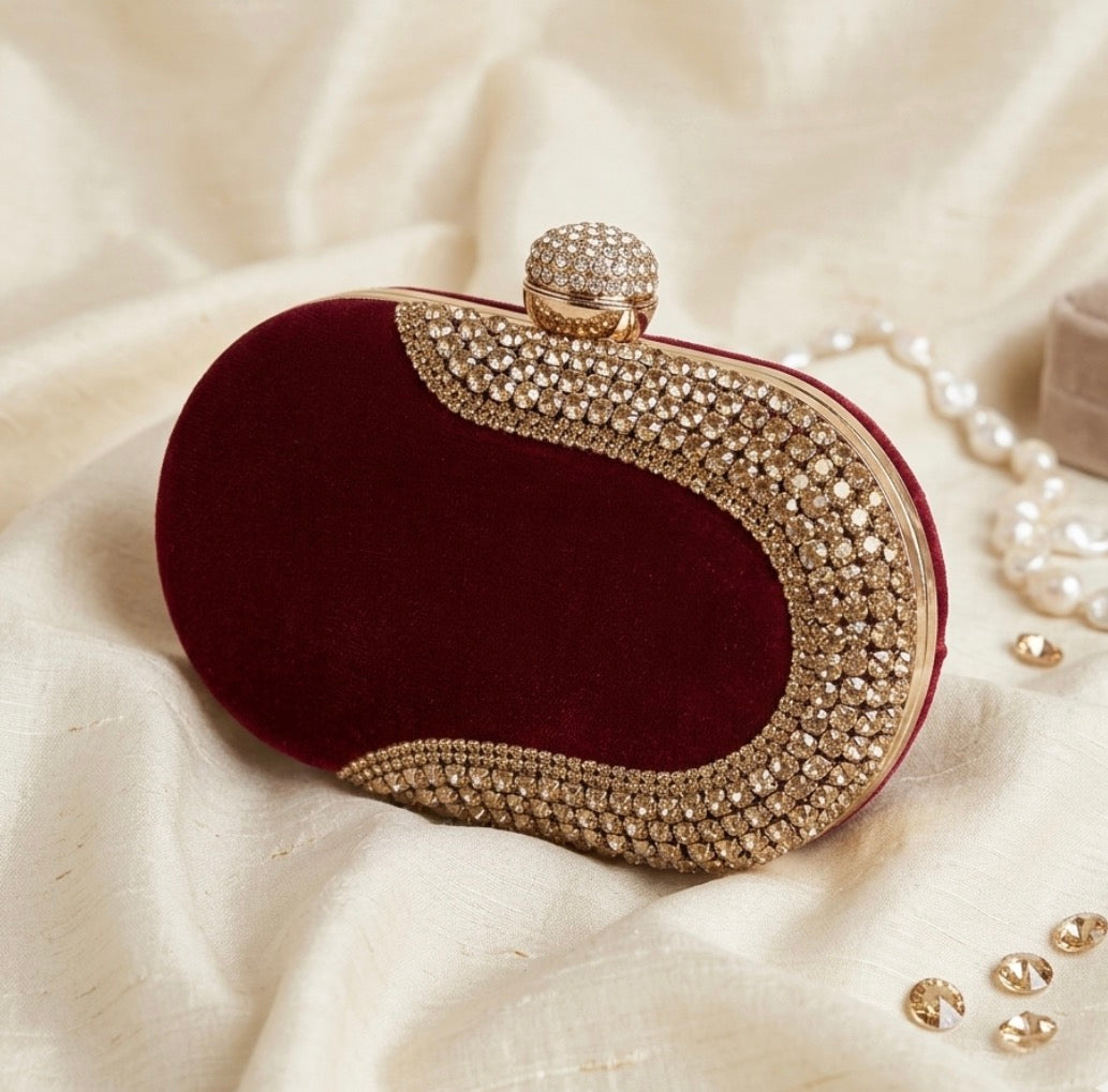Red Hand Embroidered Stones Work clutch bag