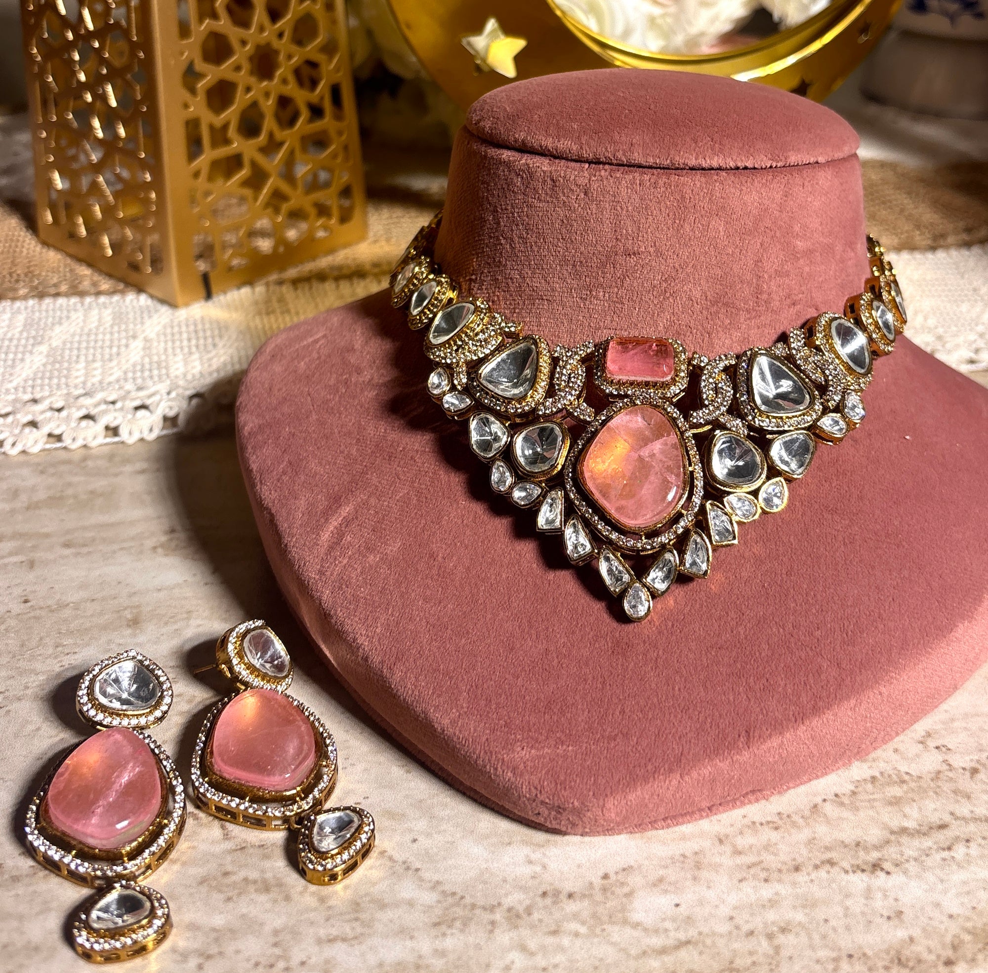 Pink and peach stone necklace set