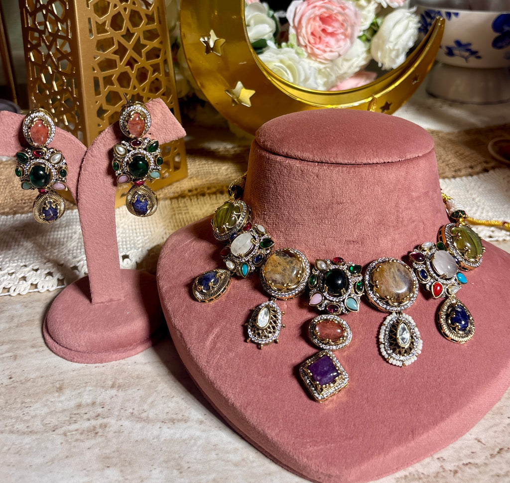 Sabya inspired moissanite and stone necklace set