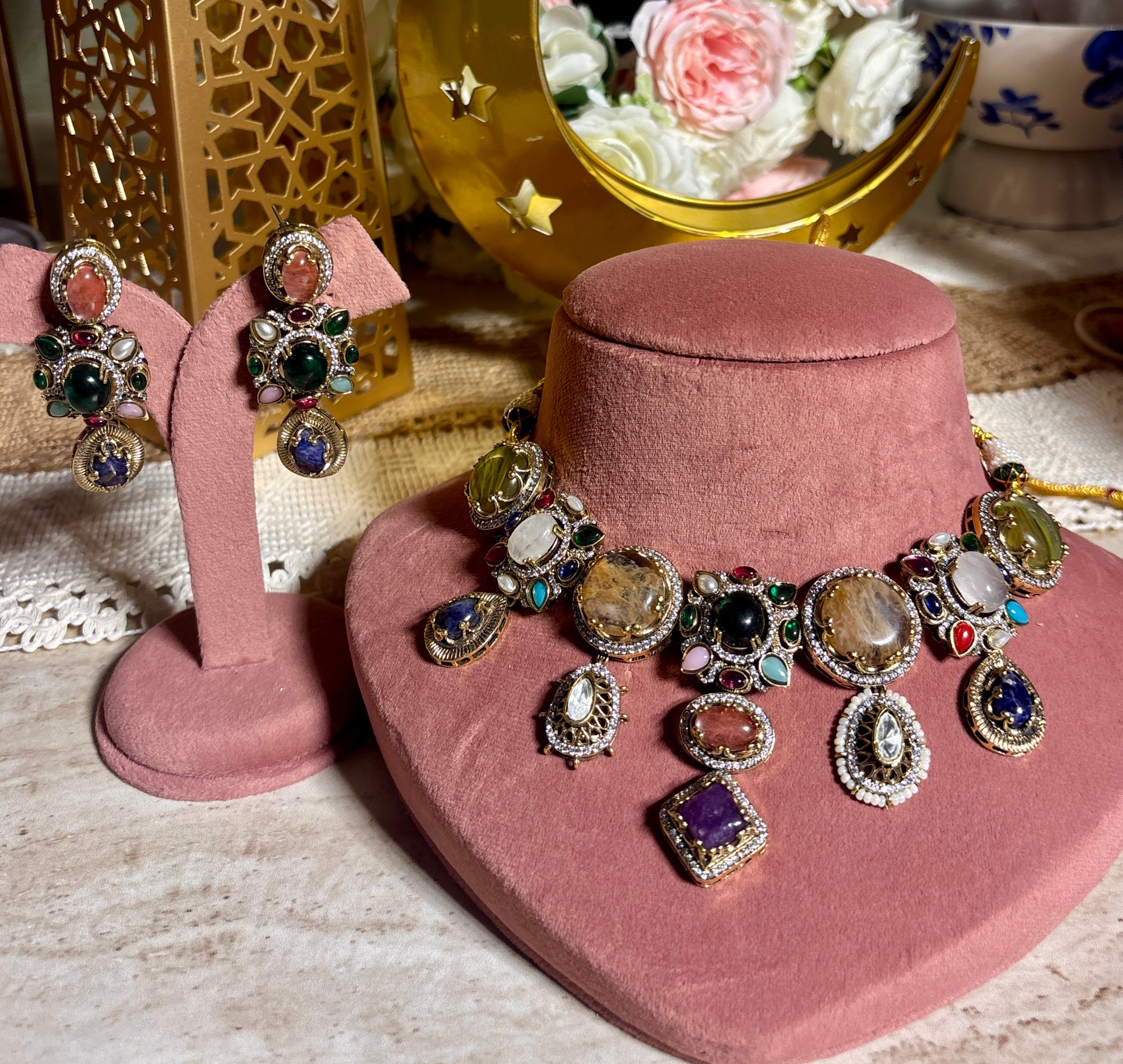 Sabya inspired moissanite and stone necklace set