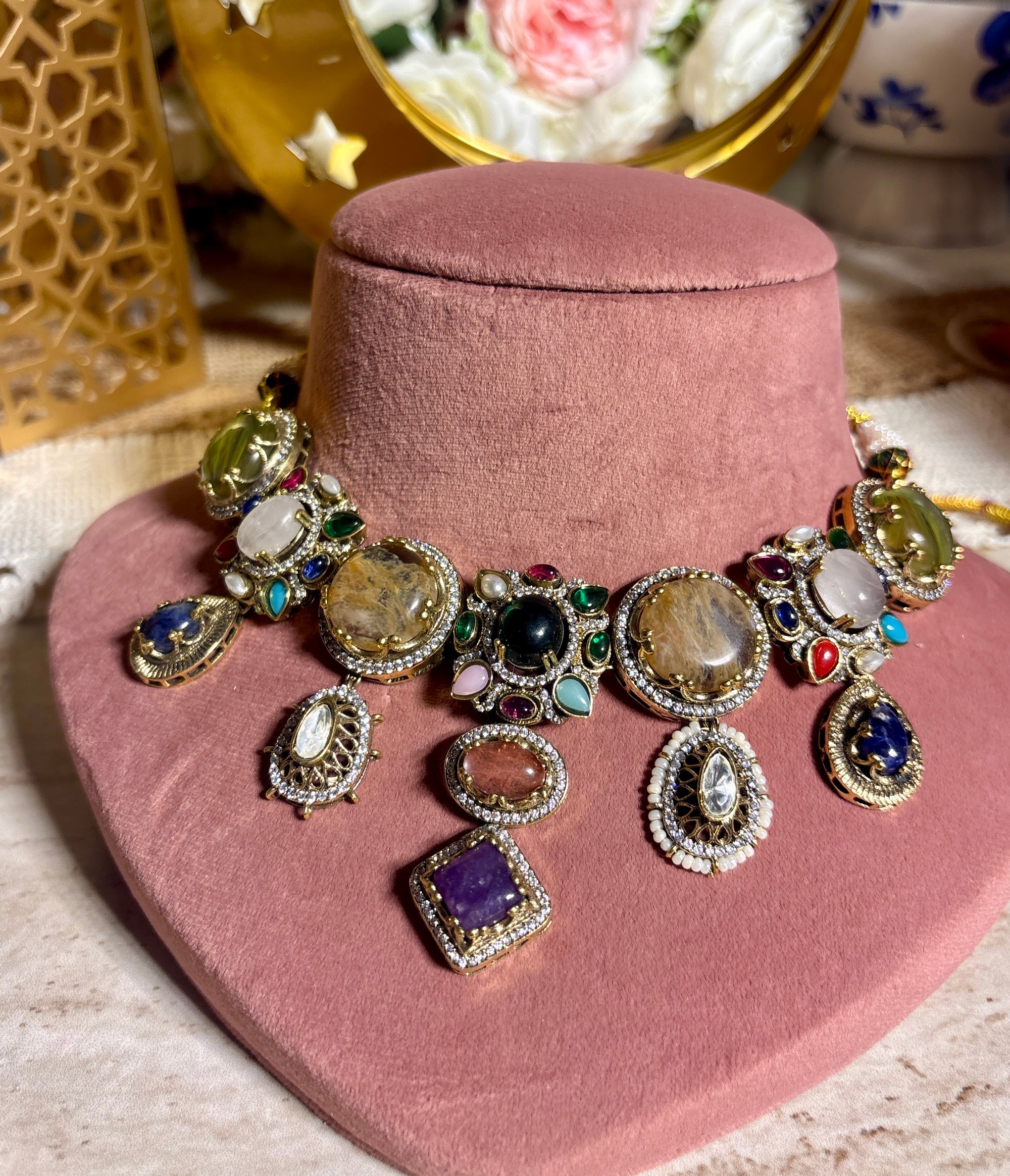 Sabya inspired moissanite and stone necklace set