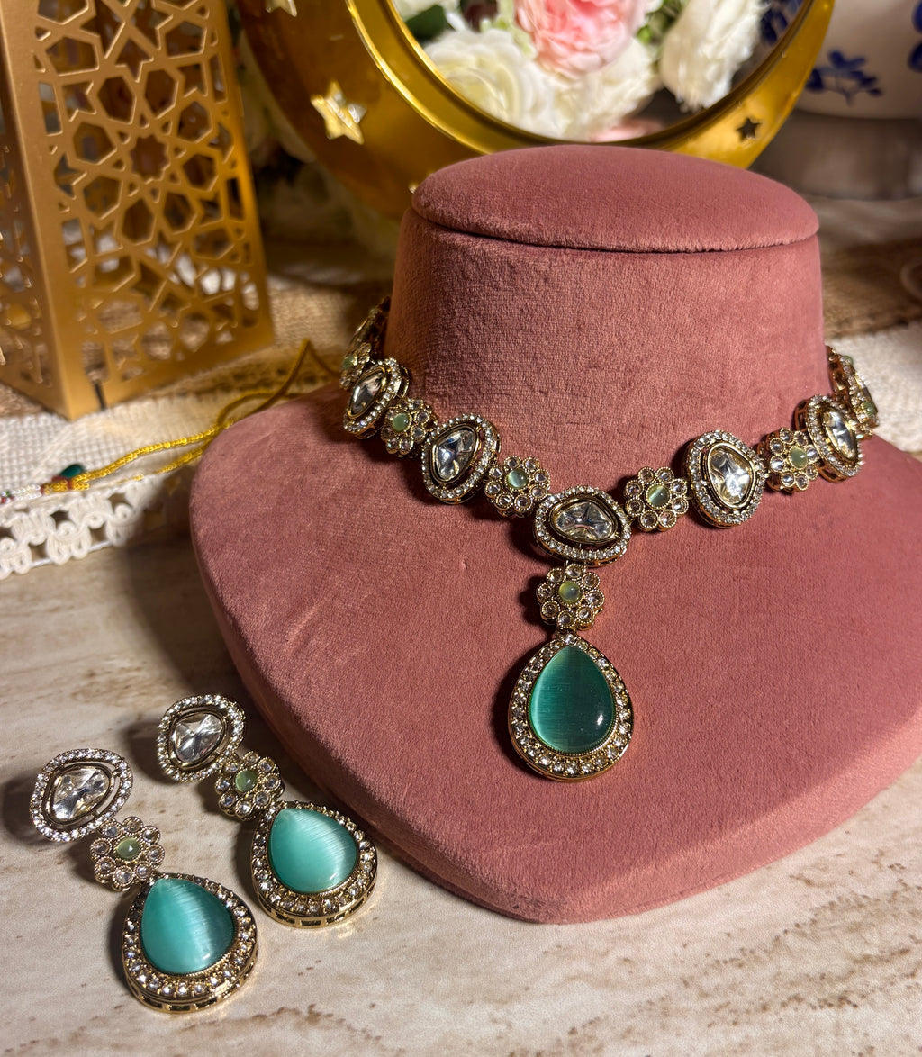 Turquoise kundan necklace set